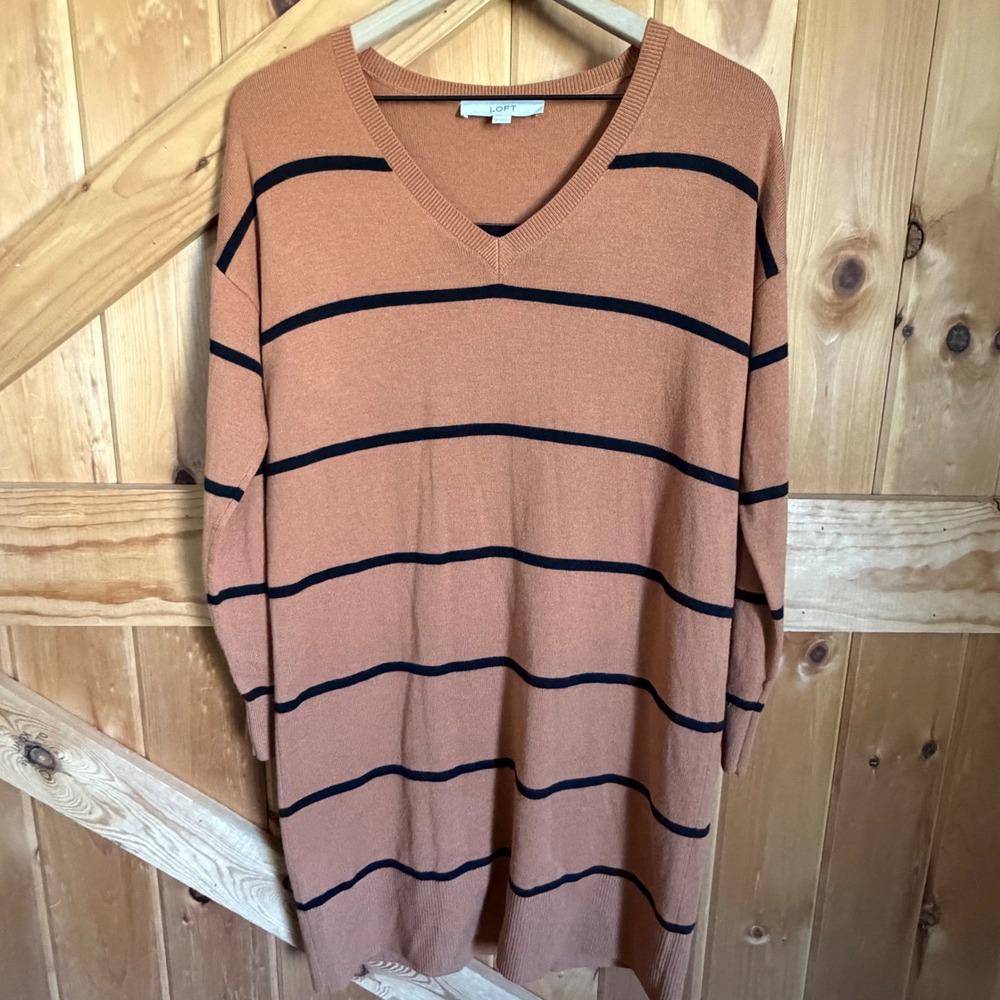 Loft Sweater Dress‎ Rust Orange Black Striped V-Neck Drop Shoulder Womens Medium